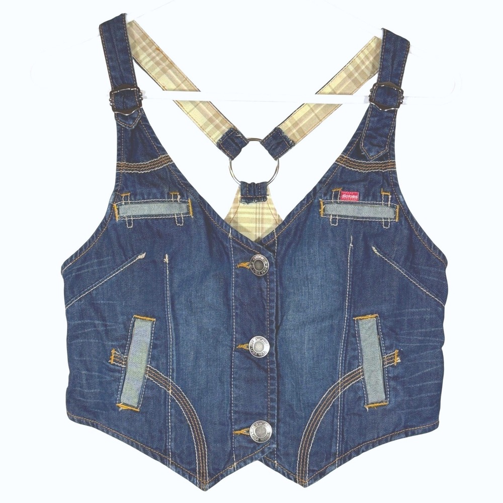 Rare Y2K Dickies Denim Tank Top Vest Women Med Blue Crop Utility Sexy Vintage